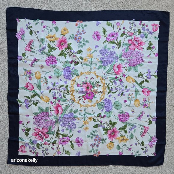 Accessories - Silk Scarf Hand Rolled Floral Black Border
